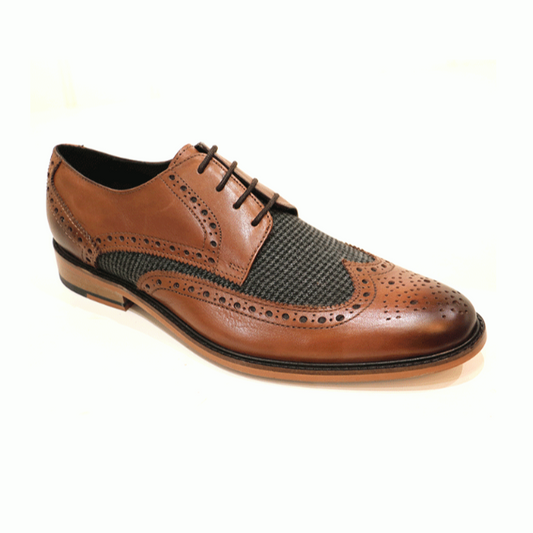 Mens M410B Tan leather lined heringbone tweed panel Lace up Brogue shoe