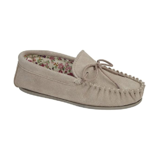Ladies Lily Soft Suede Moccassin Sliper STONE LS339S