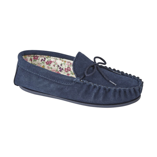 Ladies Lily Moccassin Slipper Navy Suede