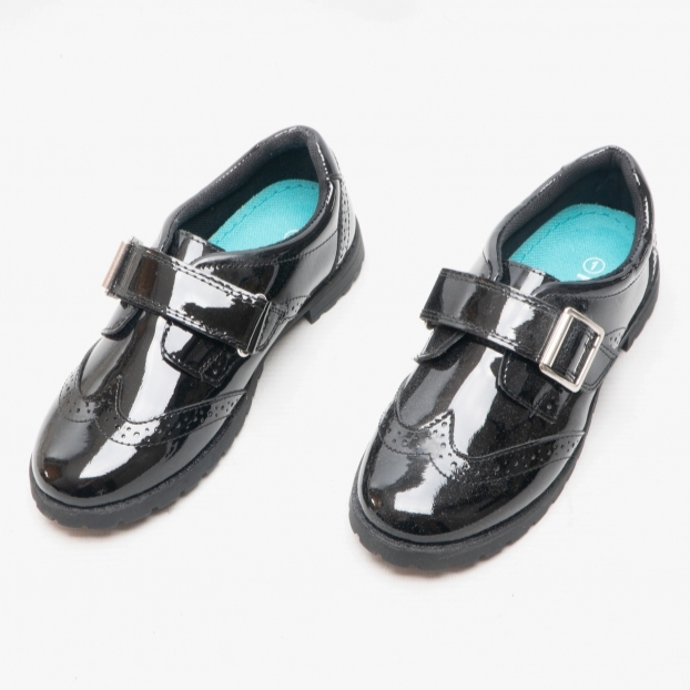 Hush Puppies school shoe Emily BLACK Patent Velcro Strap