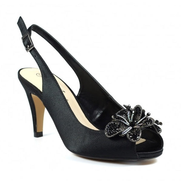 Lunar Ankara Occasion Wear BLACK Peep Toe Slingback Shoe FLR039