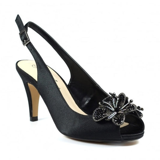 Lunar Ankara Occasion Wear BLACK Peep Toe Slingback Shoe FLR039