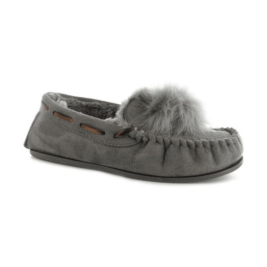 Ella Paula Grey Luxury Moccasin Fur Pom Pom Slippers