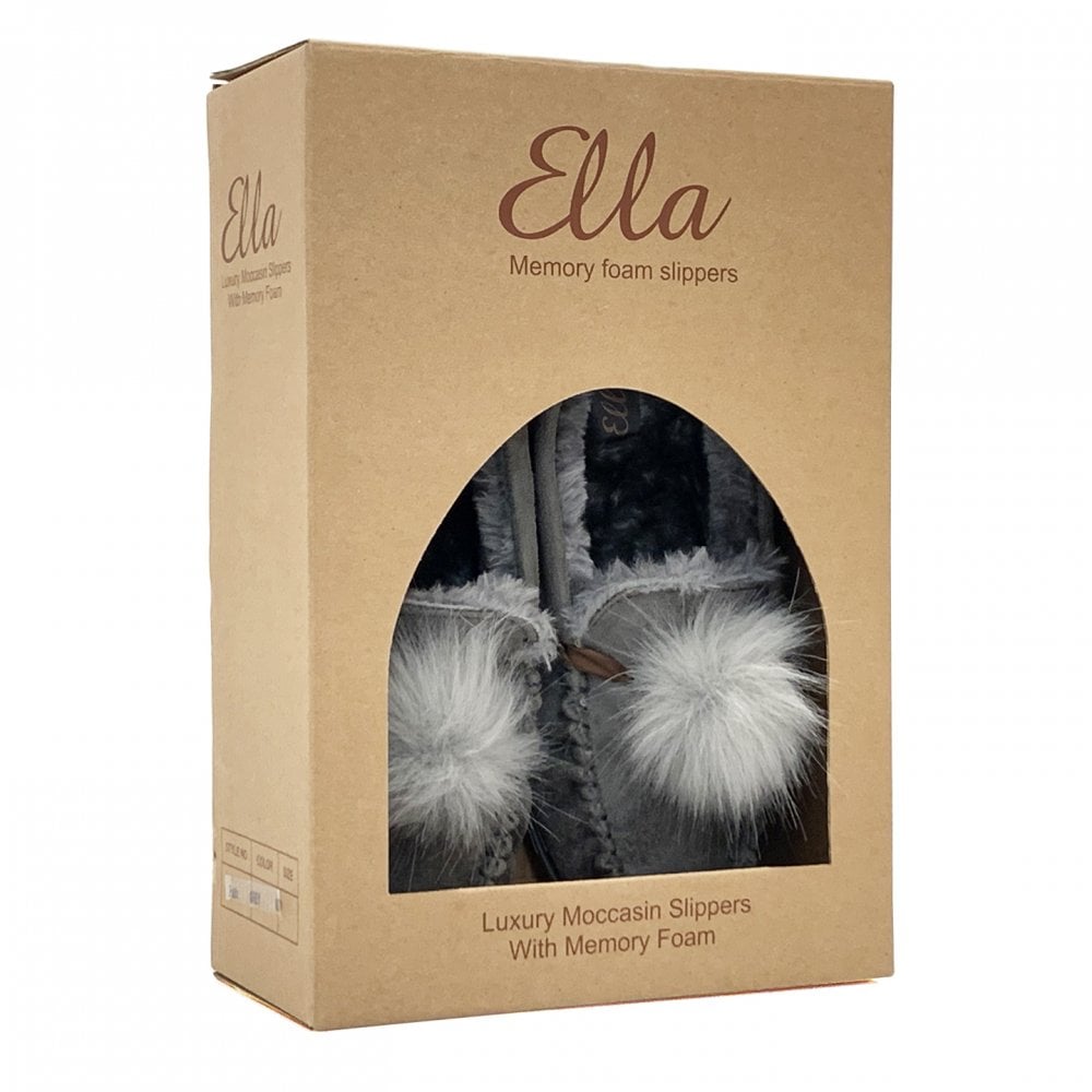 Ella Paula Grey Luxury Moccasin Fur Pom Pom Slippers