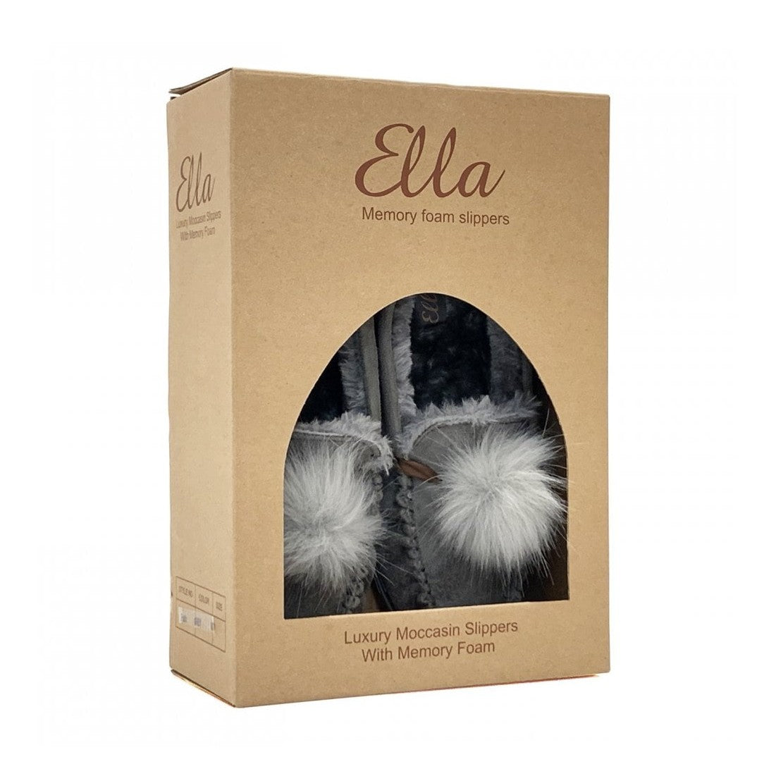 Ella Paula Grey Luxury Moccasin Fur Pom Pom Slippers