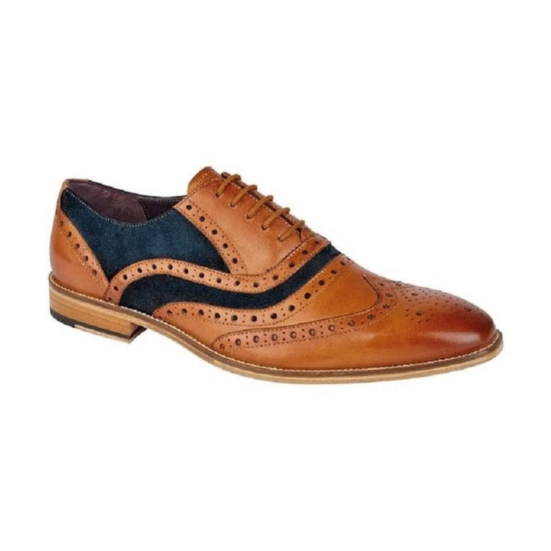 Mens Roamers M001 Smart Formal Tan Leather Navy Suede Brogue Oxford Shoes