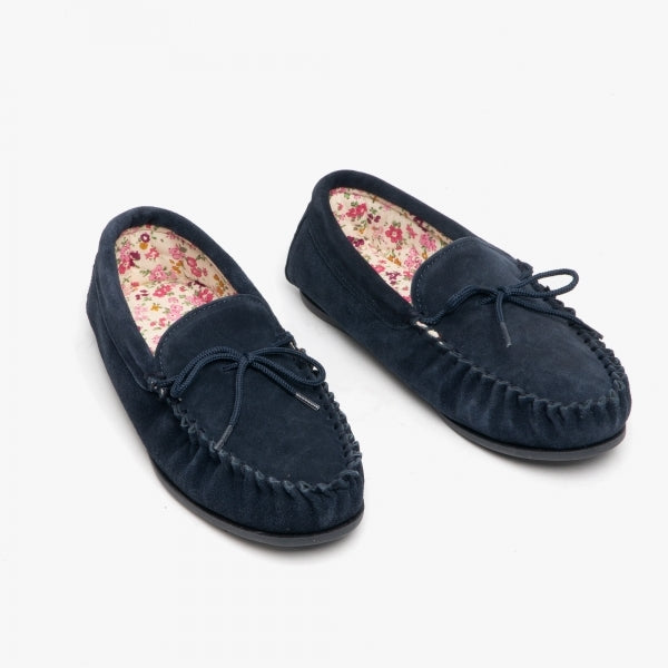 Ladies Lily Moccassin Slipper Navy Suede
