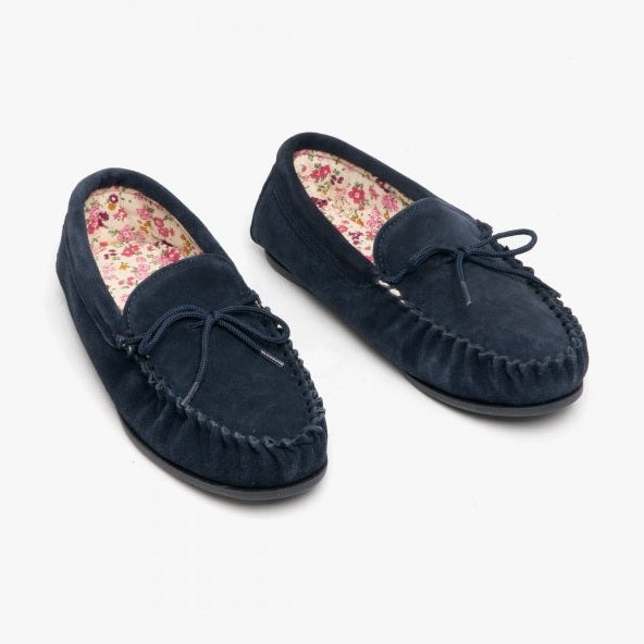 Ladies Lily Moccassin Slipper Navy Suede