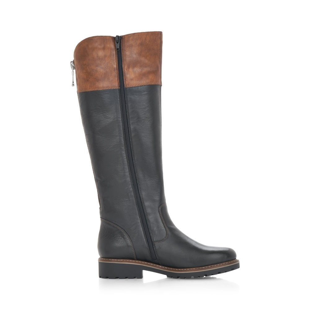 Remonte Long Leg BLACK Leather Boot with tan trim R6581-02