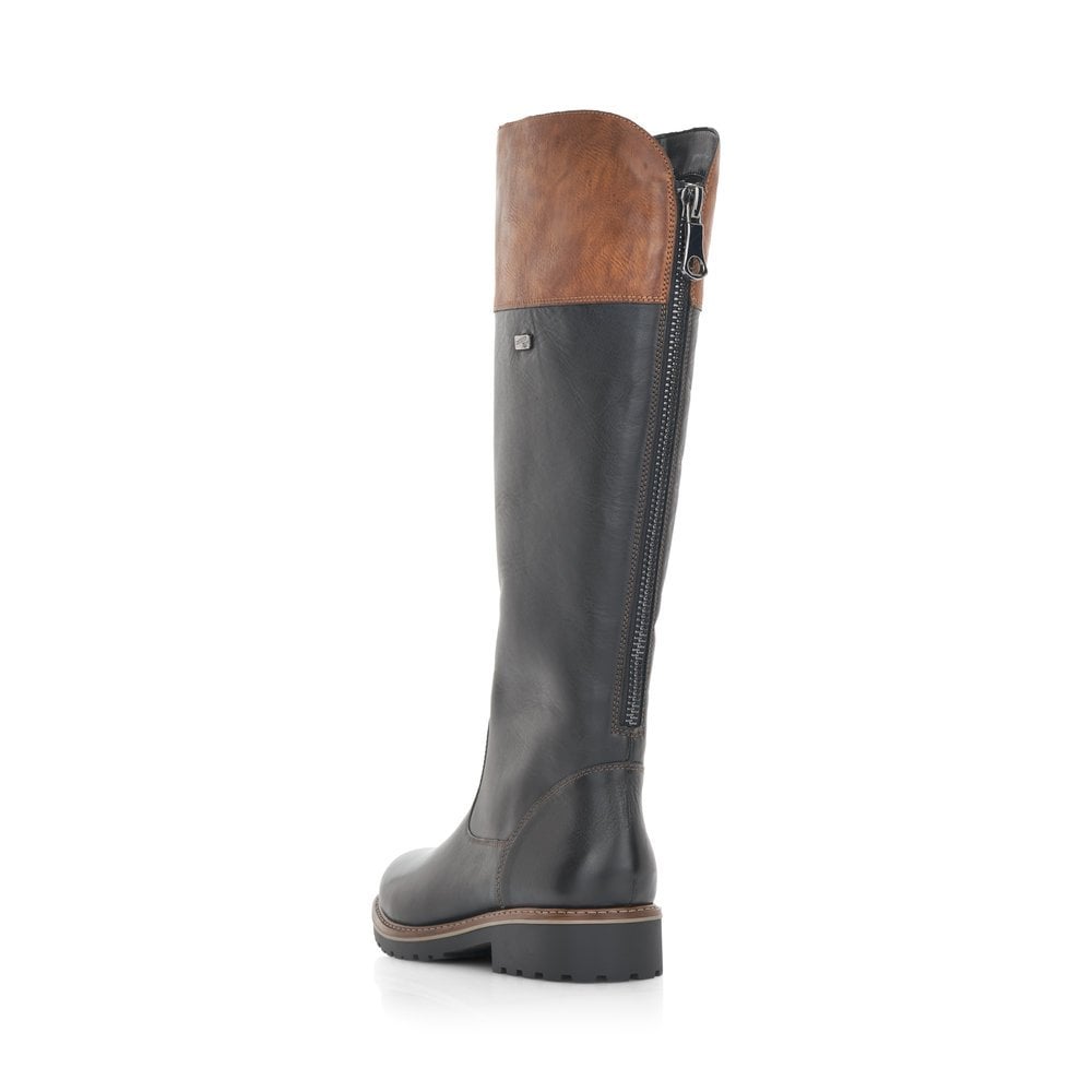 Remonte Long Leg BLACK Leather Boot with tan trim R6581-02