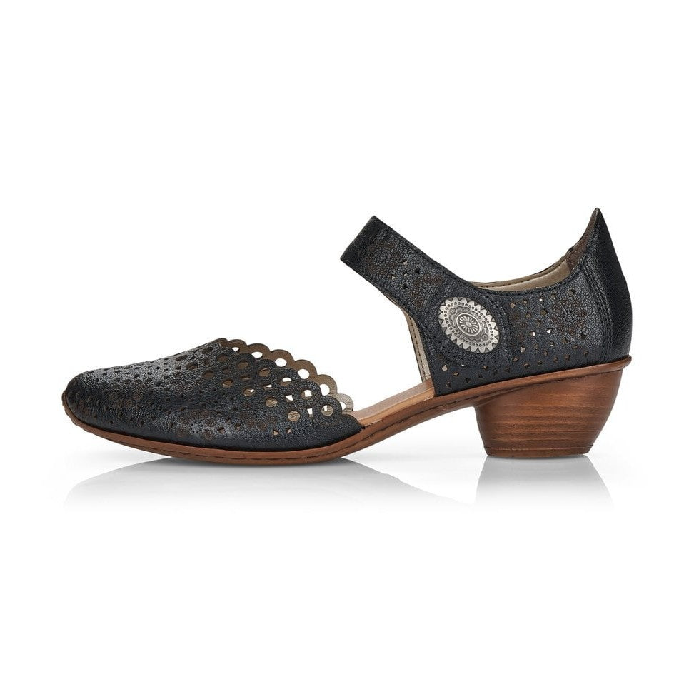 Rieker Bar Shoe 43753-00 BLACK Smart Heeled Leather Bar Shoe With Touch Fastening