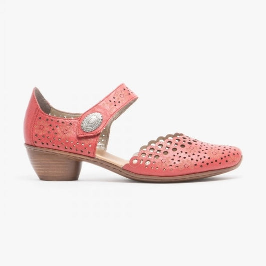 Rieker Bar Shoe 43753-33 Red Smart Heeled Leather Bar Shoe With Touch Fastening