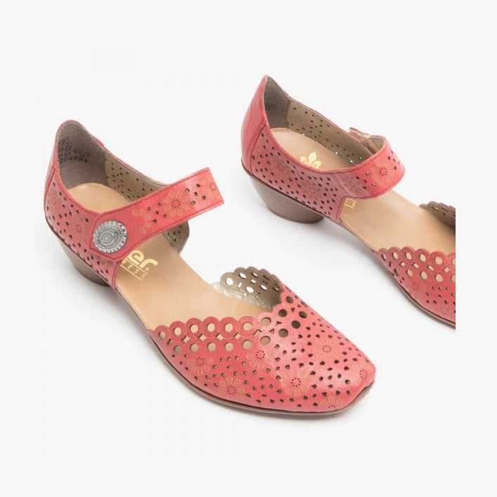 Rieker Bar Shoe 43753-33 Red Smart Heeled Leather Bar Shoe With Touch Fastening