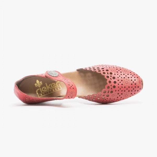 Rieker Bar Shoe 43753-33 Red Smart Heeled Leather Bar Shoe With Touch Fastening