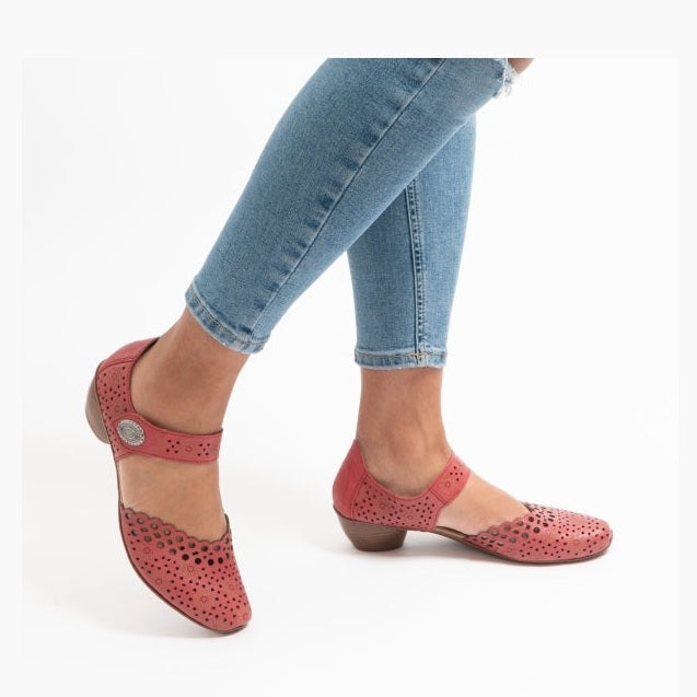 Rieker Bar Shoe 43753-33 Red Smart Heeled Leather Bar Shoe With Touch Fastening