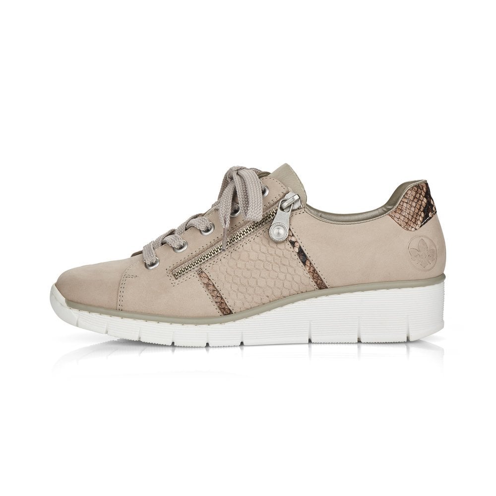 Rieker Trainer Style Casual Shoe with Lace and Zip 53711-60 BEIGE