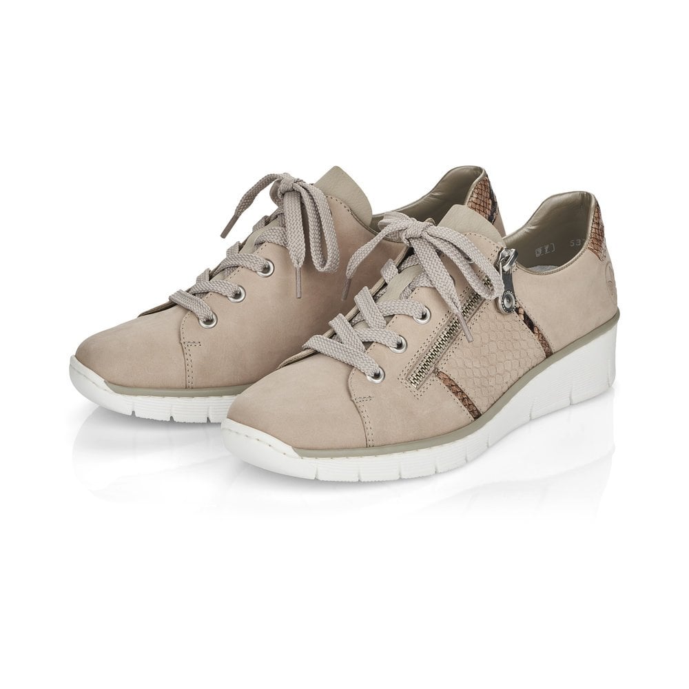 Rieker Trainer Style Casual Shoe with Lace and Zip 53711-60 BEIGE