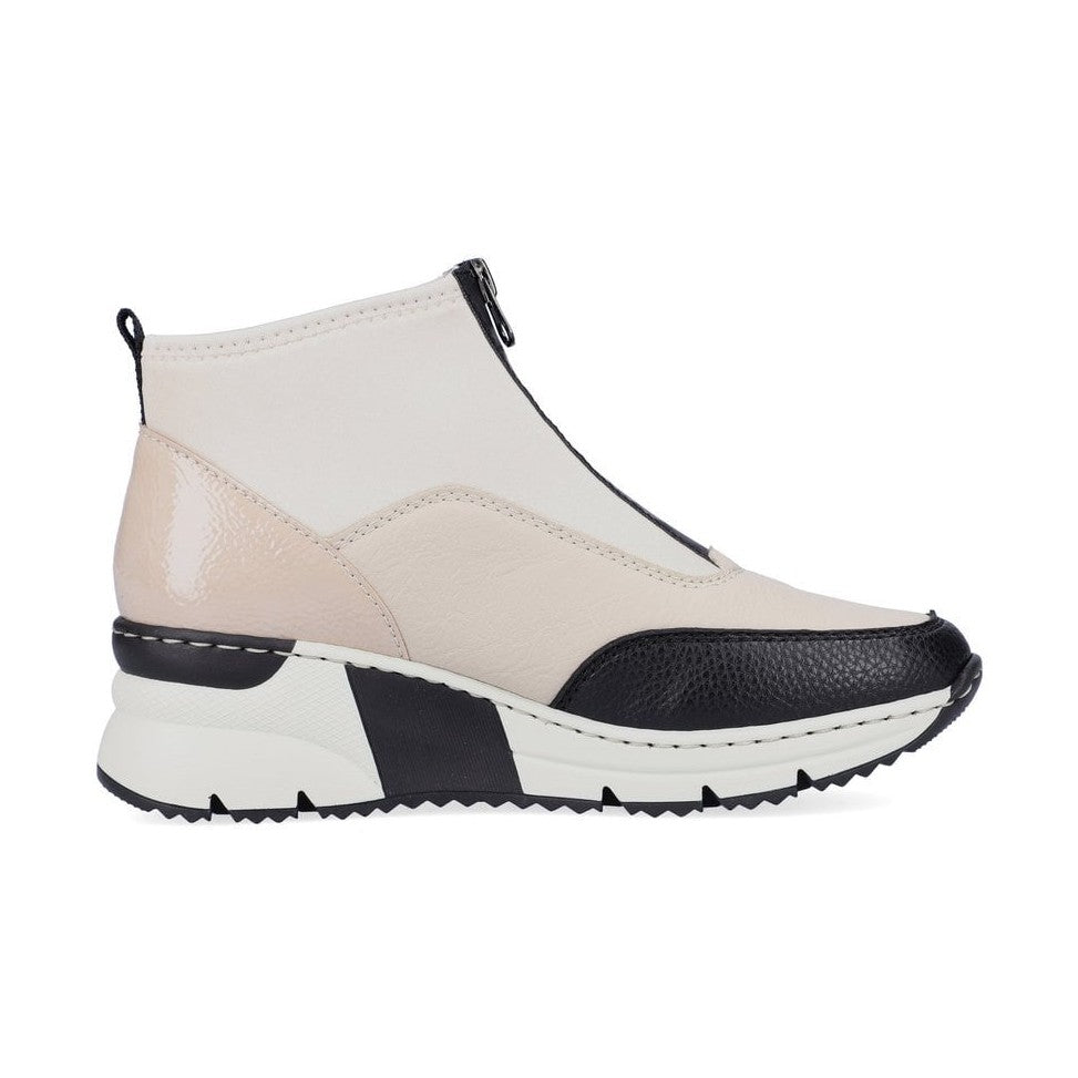 Rieker Ladies Boot N6352 Trainer style front zip Ankle Boot with wedge sole WHITE/BLACK N6352-60