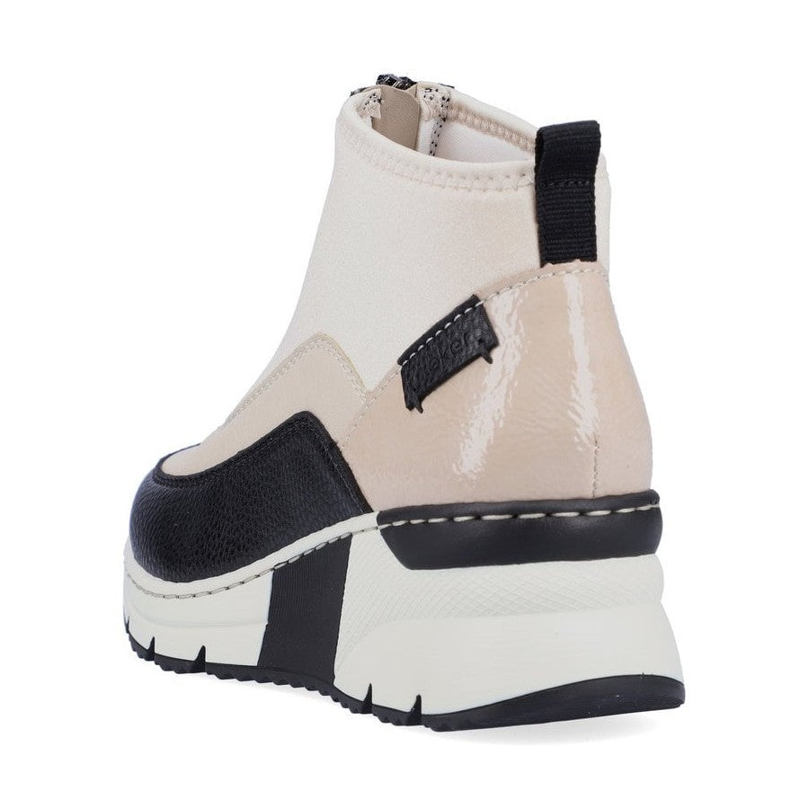 Rieker Ladies Boot N6352 Trainer style front zip Ankle Boot with wedge sole WHITE/BLACK N6352-60