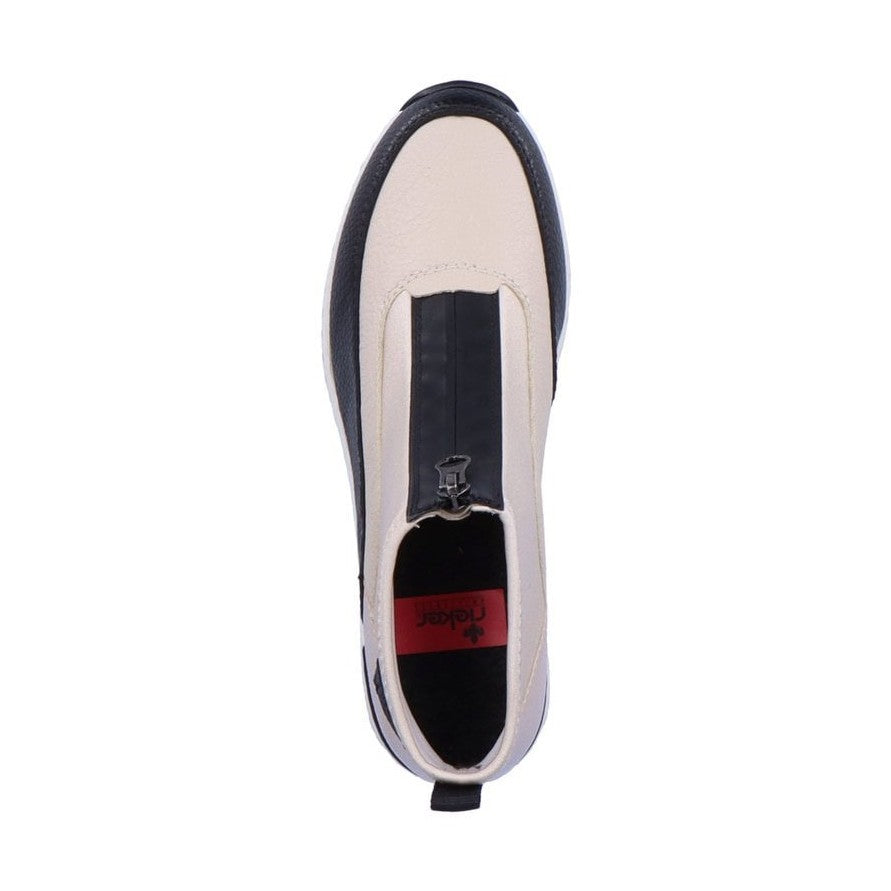 Rieker Ladies Boot N6352 Trainer style front zip Ankle Boot with wedge sole WHITE/BLACK N6352-60