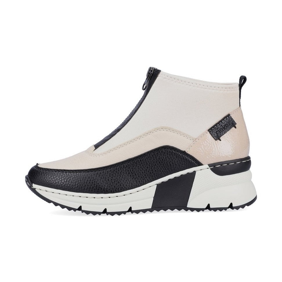 Rieker Ladies Boot N6352 Trainer style front zip Ankle Boot with wedge sole WHITE/BLACK N6352-60