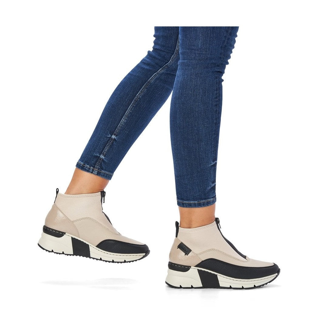 Rieker Ladies Boot N6352 Trainer style front zip Ankle Boot with wedge sole WHITE/BLACK N6352-60