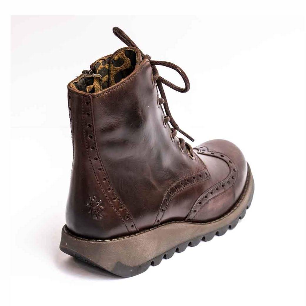 Fly London Ankle Boot Sarl BROWN Soft Leather Brogue with Laces and Zip.