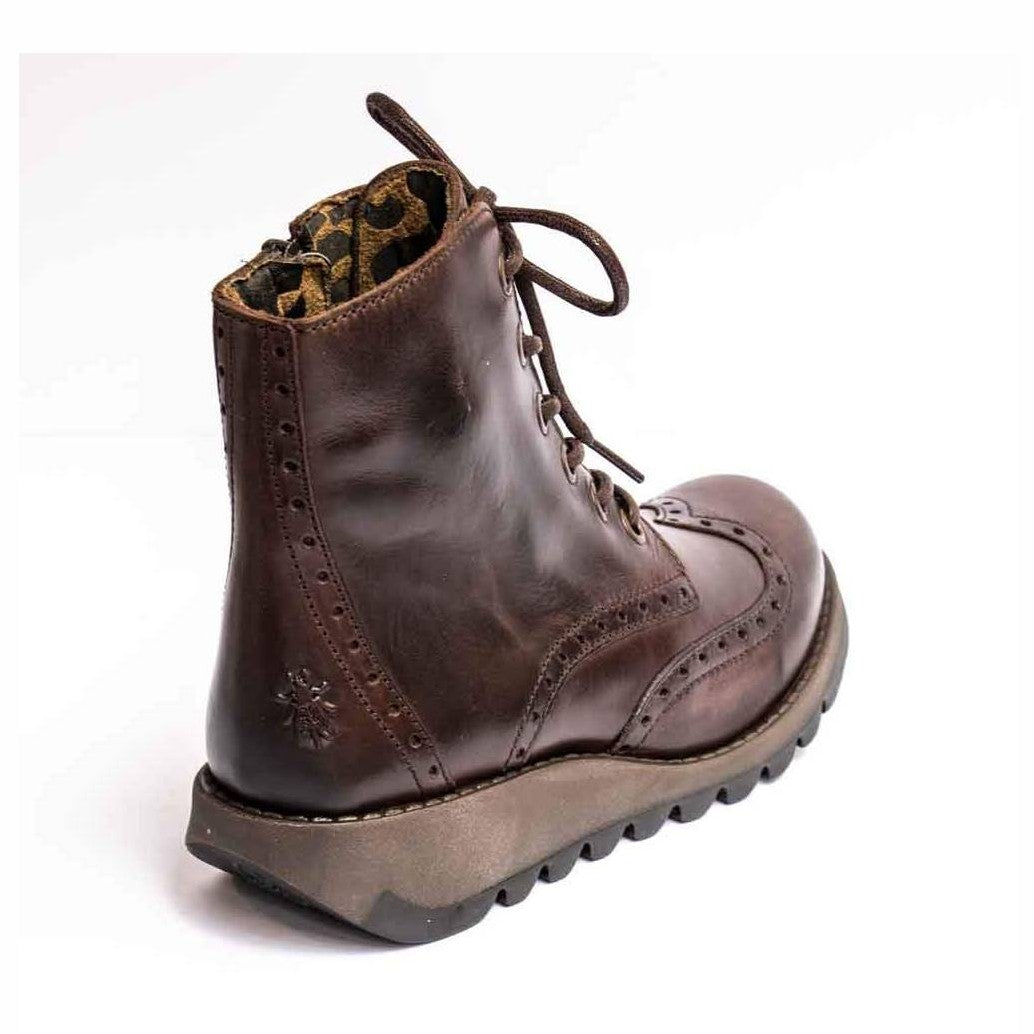 Fly London Ankle Boot Sarl BROWN Soft Leather Brogue with Laces and Zip.