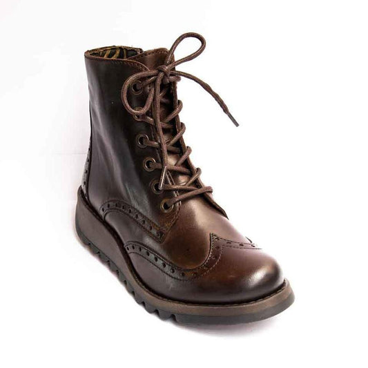 Fly London Ankle Boot Sarl BROWN Soft Leather Brogue with Laces and Zip.