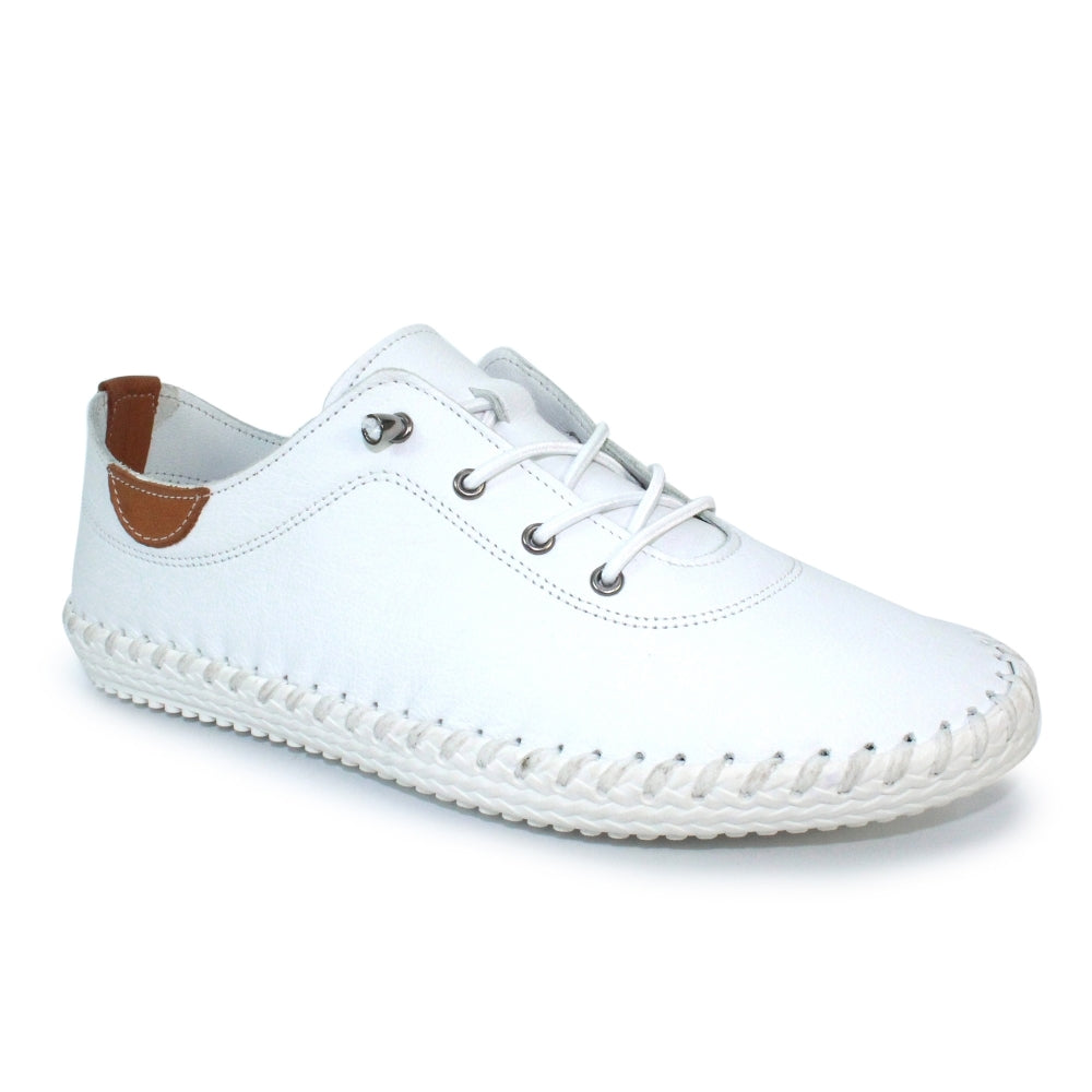 Lunar Plimsoll St Ives WHITE FLE030BL soft leather with Elasticated Lace