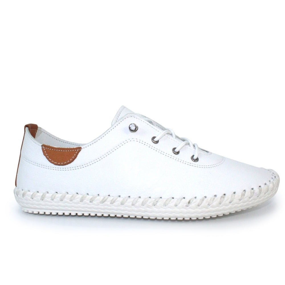 Lunar Plimsoll St Ives WHITE FLE030BL soft leather with Elasticated Lace