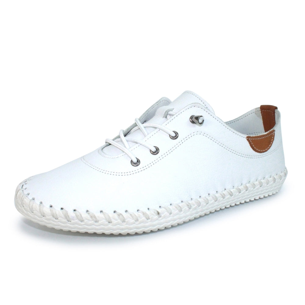 Lunar Plimsoll St Ives WHITE FLE030BL soft leather with Elasticated Lace