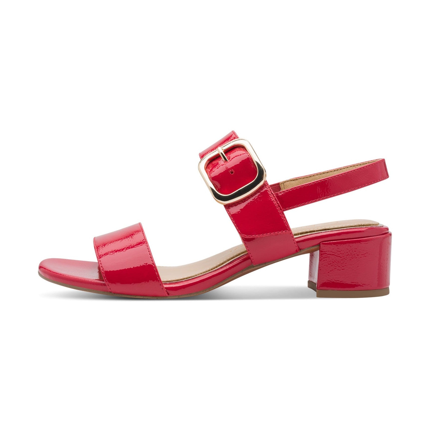 Marco Tozzi Red Patent Low Block Heel Touch Fastening Dress Sandal 28212-46-520
