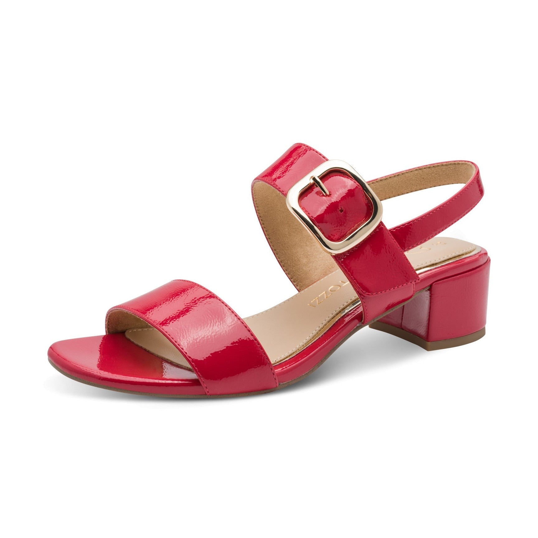 Marco Tozzi Red Patent Low Block Heel Touch Fastening Dress Sandal 28212-46-520