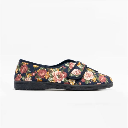 Sleepers Wilma NAVY Ladies Wide Fitting Cotton Slipper LS866