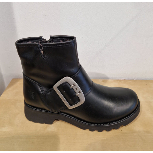 Fly London Riley BLACK Leather Zip Ankle Boot with Buckle Trim
