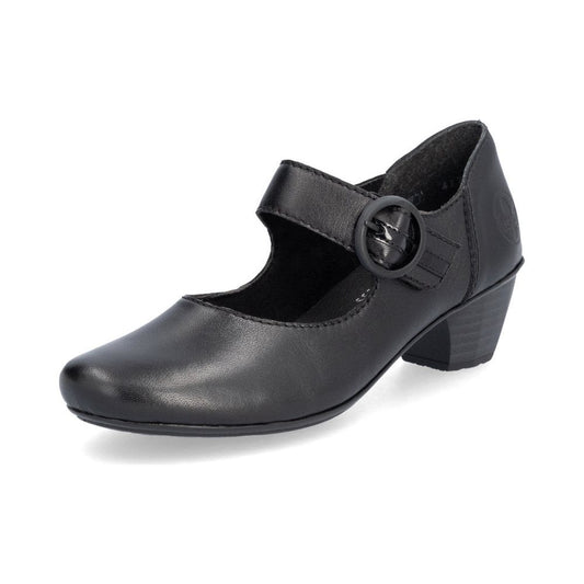 Rieker Ladies Shoe 41756 Low Heeled Court shoe with touch fastening Bar  BLACK 41756-00