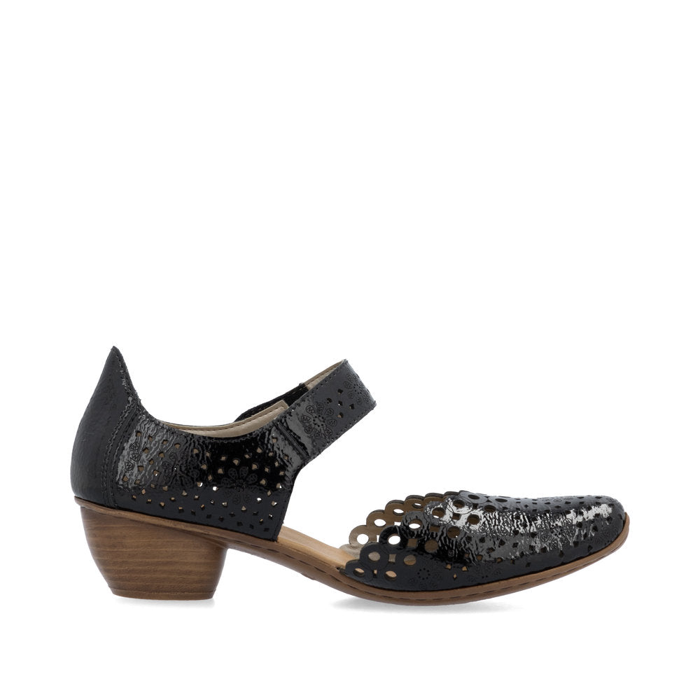 Rieker Shoe- Smart heeled Bar Shoe with touch fastening  BLACK  PAT 43753-02