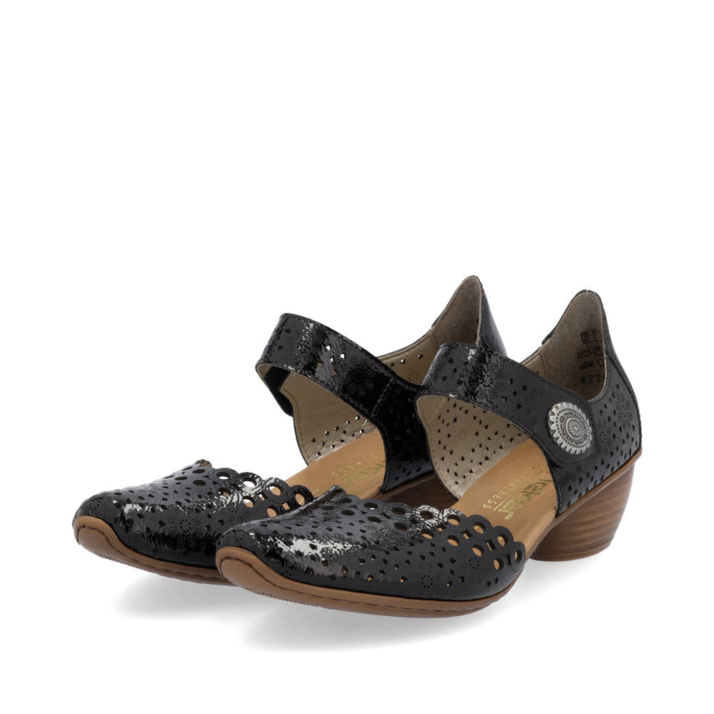 Rieker Shoe- Smart heeled Bar Shoe with touch fastening  BLACK  PAT 43753-02