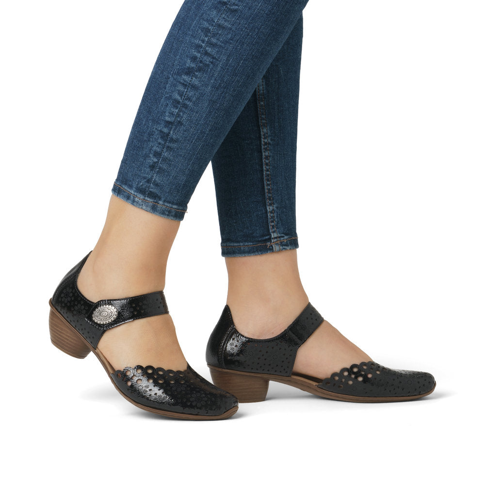 Rieker Shoe- Smart heeled Bar Shoe with touch fastening  BLACK  PAT 43753-02