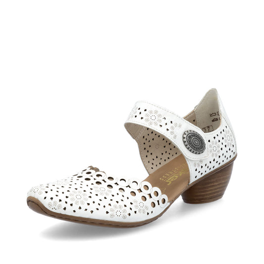 Rieker Bar Shoe 43753-80 WHITE  Smart Heeled Leather Bar Shoe With Touch Fastening