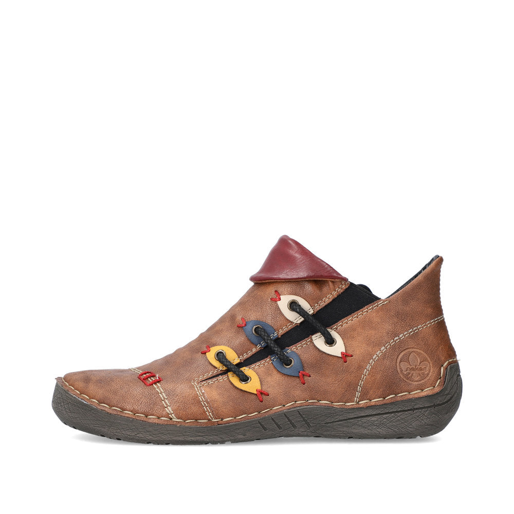 Rieker Ladies Boot 72581 Flat Ankle boot with multi coloured stitching and zip 72581-22 NUT Brown