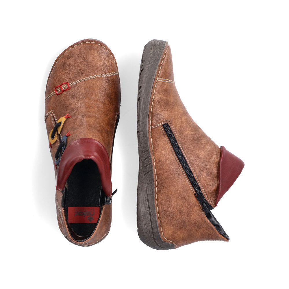 Rieker Ladies Boot 72581 Flat Ankle boot with multi coloured stitching and zip 72581-22 NUT Brown