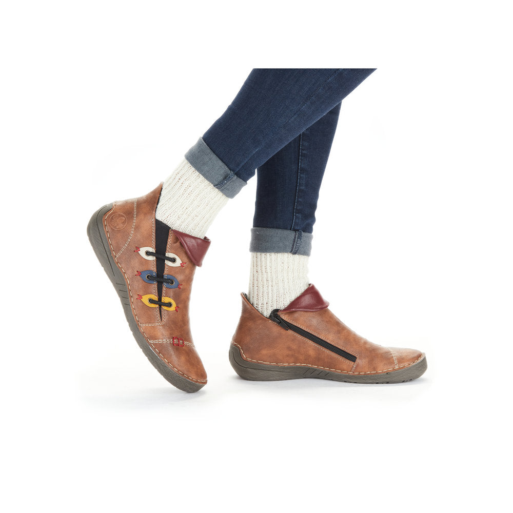 Rieker Ladies Boot 72581 Flat Ankle boot with multi coloured stitching and zip 72581-22 NUT Brown