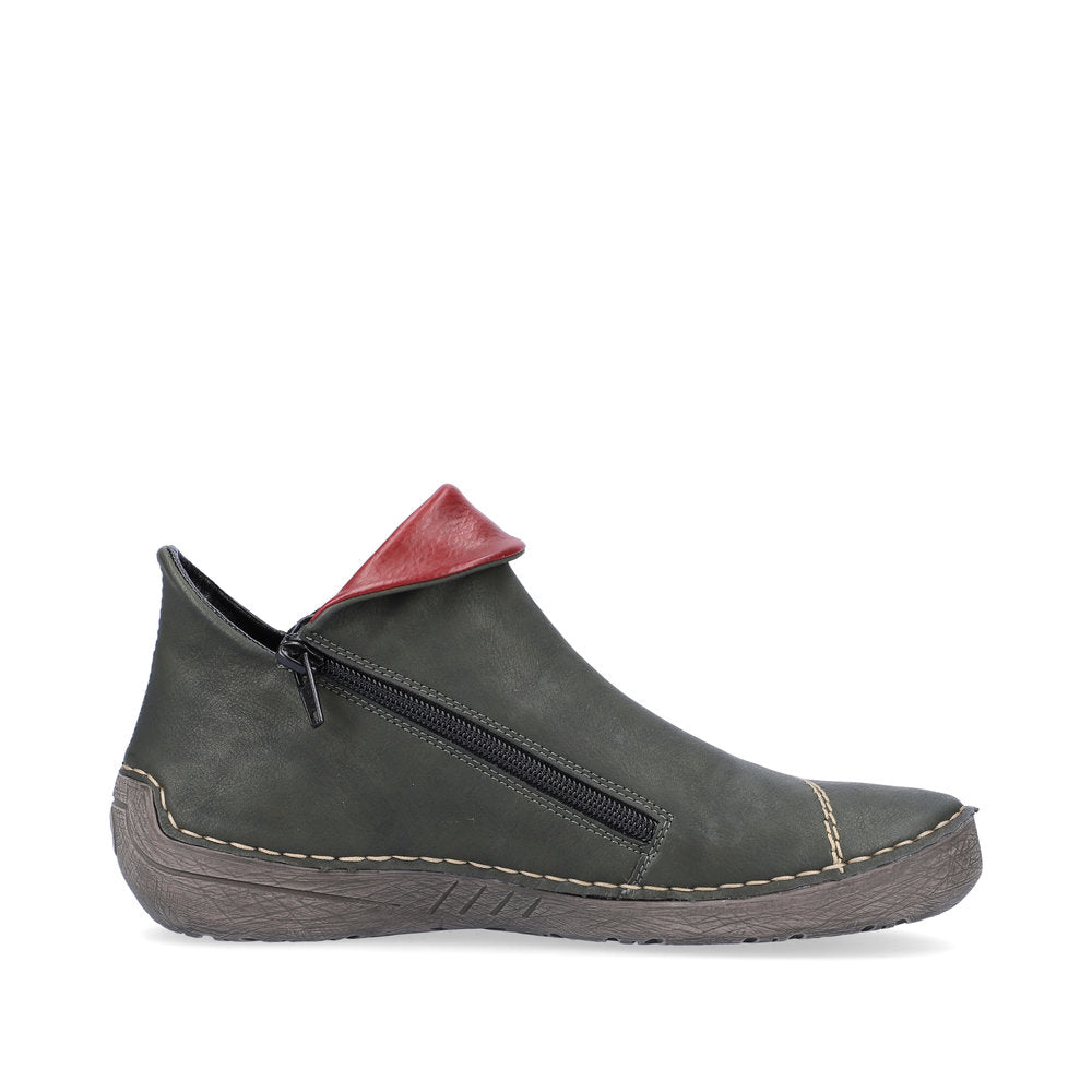Rieker Ladies Boot 72581 Flat Ankle boot with multi coloured stitching and zip GREEN 72581-54