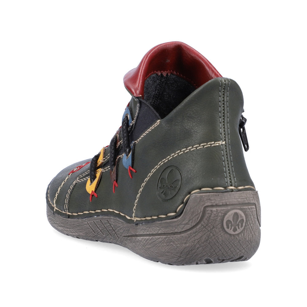 Rieker Ladies Boot 72581 Flat Ankle boot with multi coloured stitching and zip GREEN 72581-54