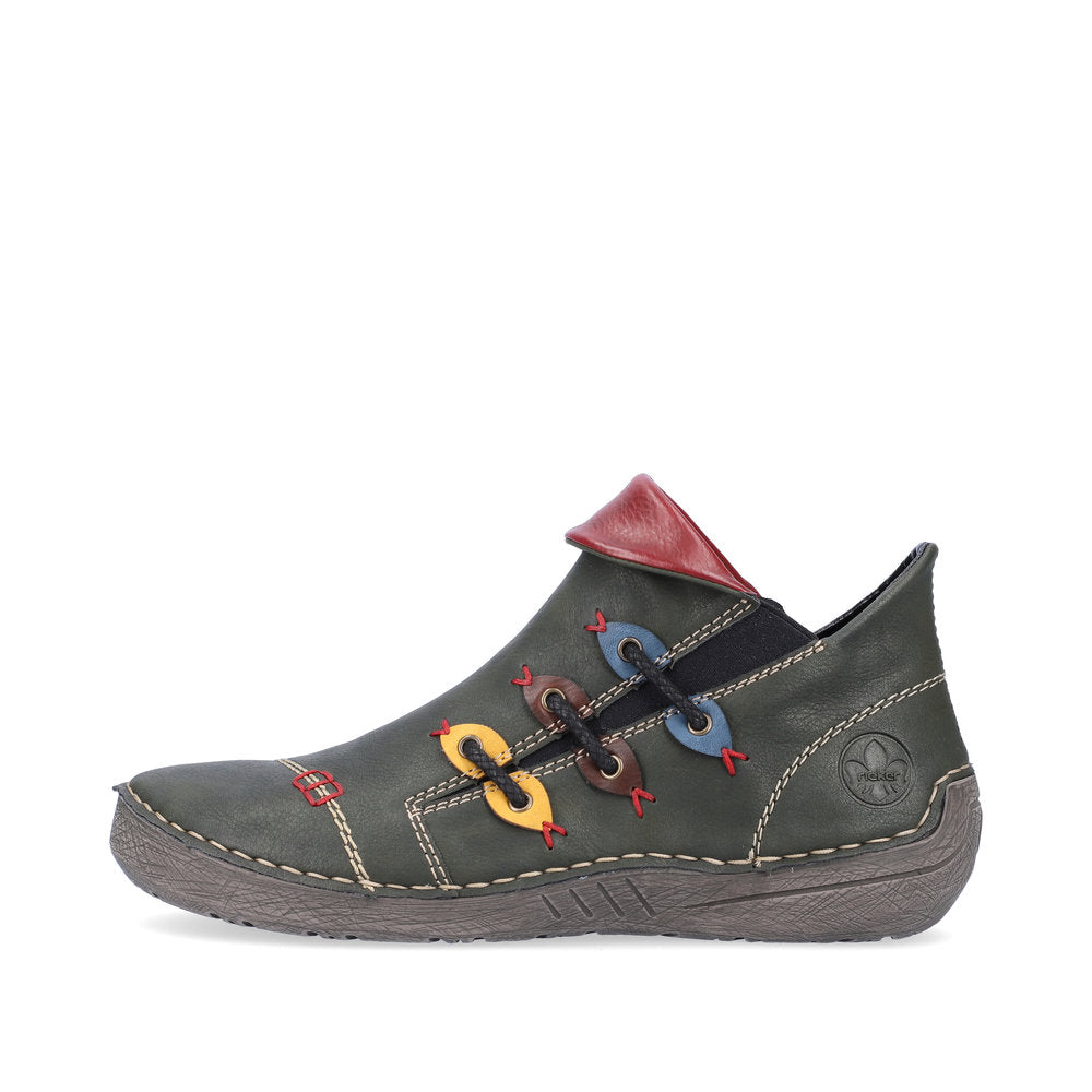 Rieker Ladies Boot 72581 Flat Ankle boot with multi coloured stitching and zip GREEN 72581-54