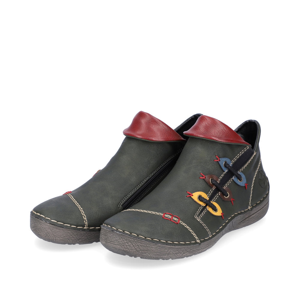 Rieker Ladies Boot 72581 Flat Ankle boot with multi coloured stitching and zip GREEN 72581-54
