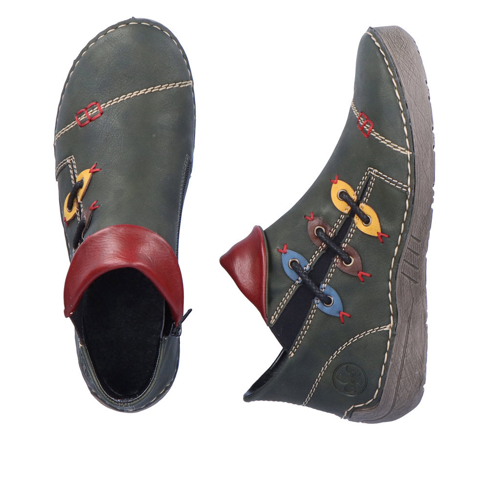 Rieker Ladies Boot 72581 Flat Ankle boot with multi coloured stitching and zip GREEN 72581-54