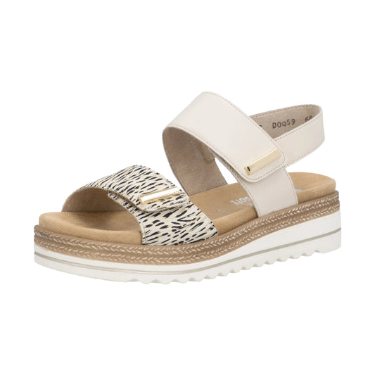 Remonte D0q59 CREAM Leather Animal Print Wedge Sandal D0Q59-61